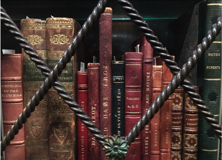 Several books behind an iron grille made of twisted metal.  This in the Morgan Library in New York City.